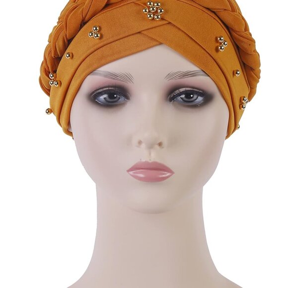 African Women Turban Cap Twisted Beaded Braid Head Wraps Pre-Tied Chemo Headscar - Picture 8 of 9